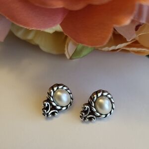 Brighton Stud Earrings Moonglow Collection Pearl Scroll Rope Design Silvertone